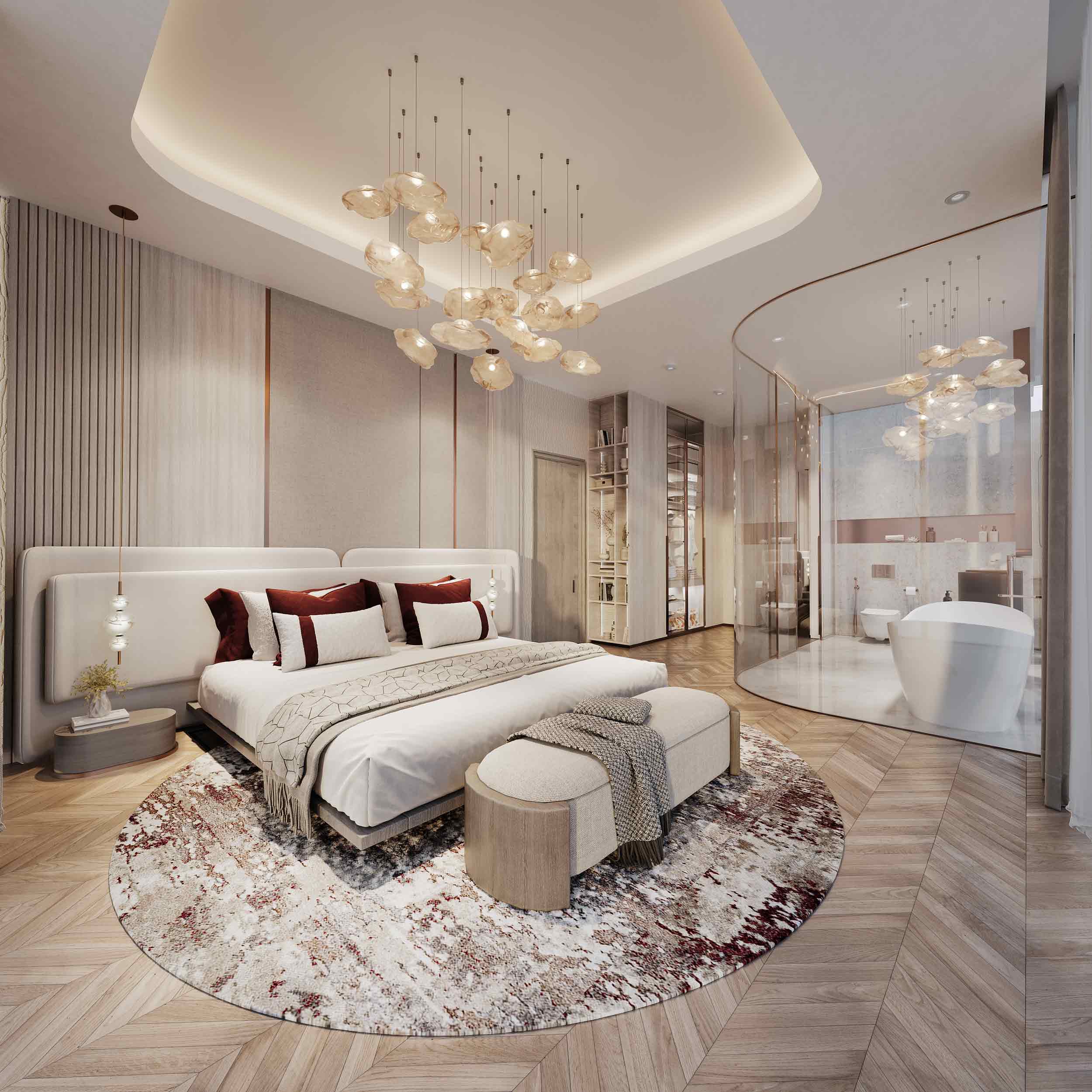 The Symphony By Imtiaz Modern bedroom featuring a large bed, stylish decor, an elegant rug, and a glass-enclosed bathroom area.